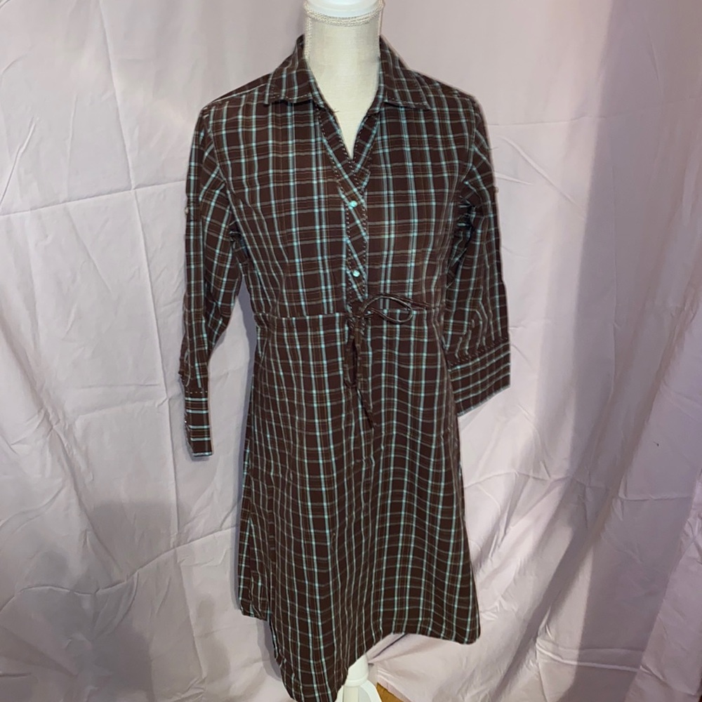 RU Cowgirl sz M brown & turquoise plaid dress w/ Pearl snap & 3/4 length sleeves